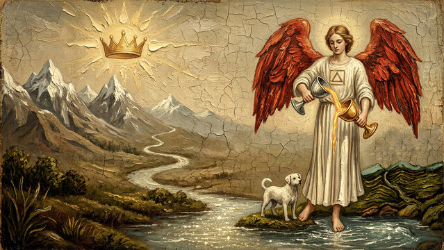 Temperance tarot angel pouring water between vessels painting