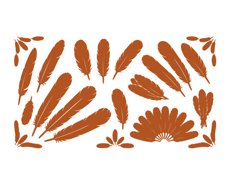 Collection of terracotta-colored feather silhouettes on a white background as a decorative design element