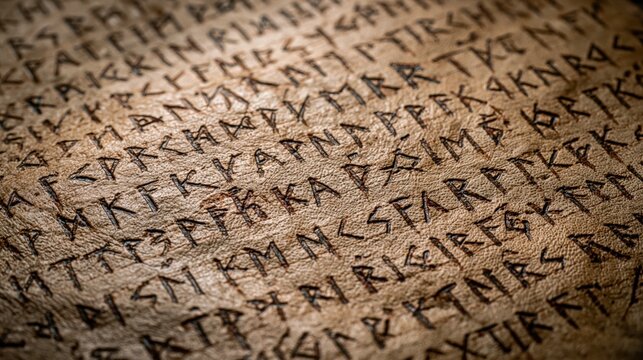 Dark angular runes form dense inscription across rough ancient surface