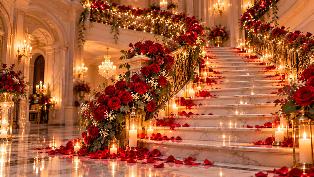 Elegant wedding staircase decorated with roses and candles for