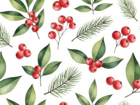 Watercolor holly berries and pine branches decorative pattern