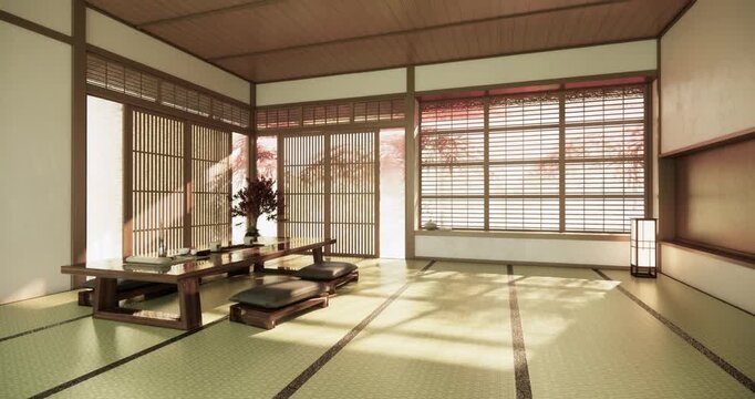 Low table Japanese-style living room evokes the feeling of spring with sunlight streaming into the space.3D rendering