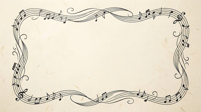 Minimalist rectangular frame composed of flowing musical notes in a classic monochrome style.