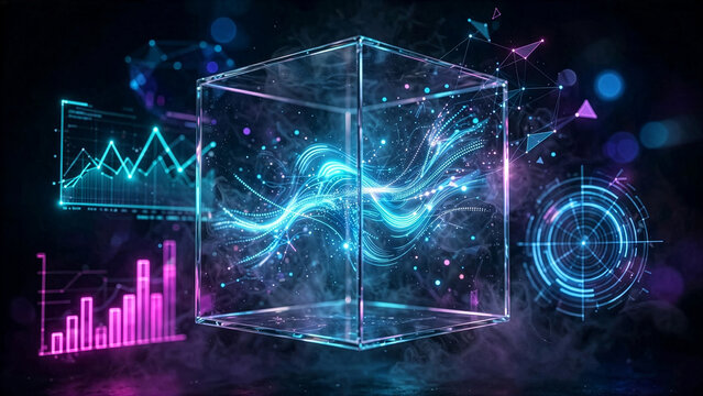 A futuristic transparent glass cube glows with neon energy waves inside, surrounded by floating digital financial charts and data analytics interfaces in cyberspace.