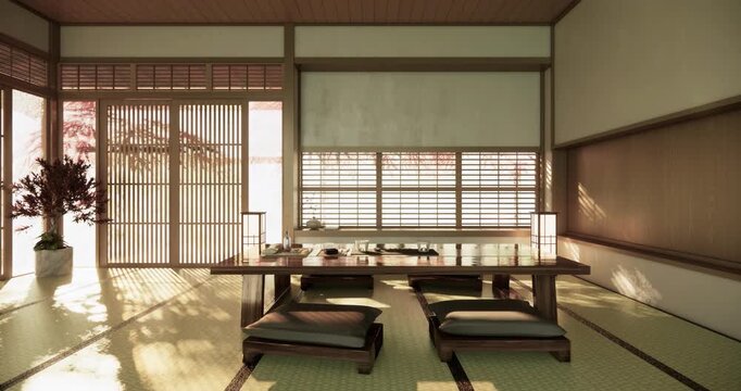 Low table Japanese-style living room evokes the feeling of spring with sunlight streaming into the space.3D rendering