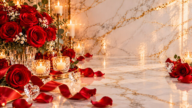 Romantic wedding proposal setup with roses candles and marble floor