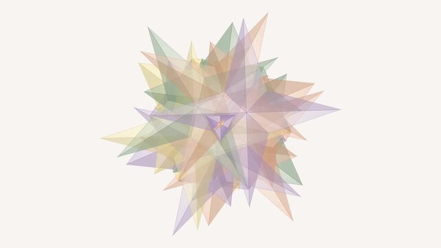 Complex geometric star polyhedron, transparent colorful multipointed solid structure isolated on white background