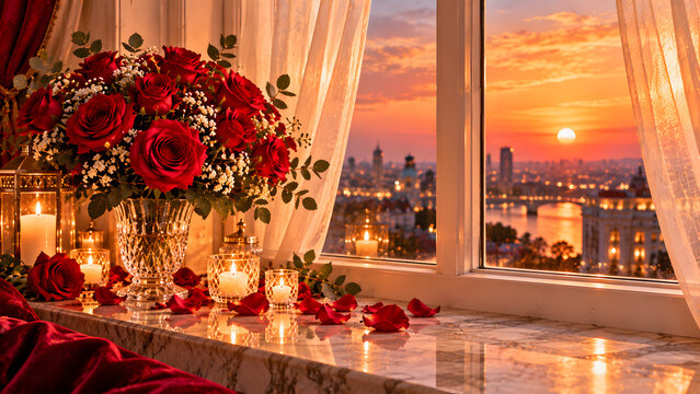 Romantic sunset cityscape with red roses bouquet and candles for