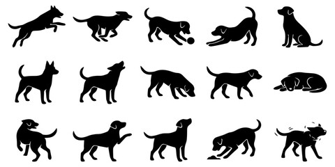 Fototapeta premium Set of black dog silhouettes showing various poses and activities for pet design and animal graphics collection of black dog silhouettes in different poses including running jumping sitting and playin