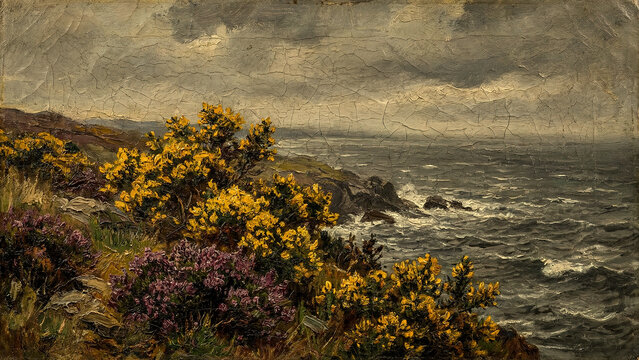 Golden gorse and purple heather above a rugged coast painting