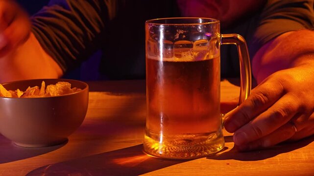 Man get drunk after drink new mug of beer.  