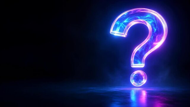 Neon question mark glowing on black background