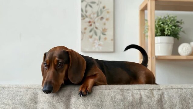 Heartwarming 4K ultra-high-definition pet moment as a curious dachshund adorably peeks over a cozy couch edge displaying its playful personality and irresistible charm the high-resolution camera