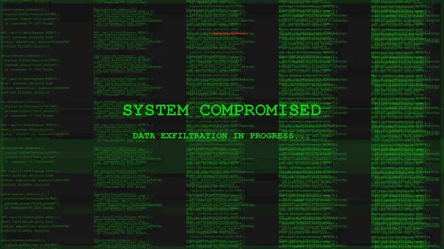 System compromised warning text on green terminal screen, hacking alert, data breach, cyber security threat, digital glitch effect