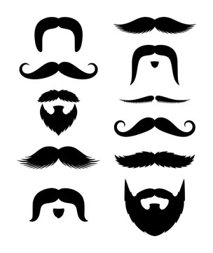 A collection of various black silhouette mustache and beard styles isolated on a plain white background