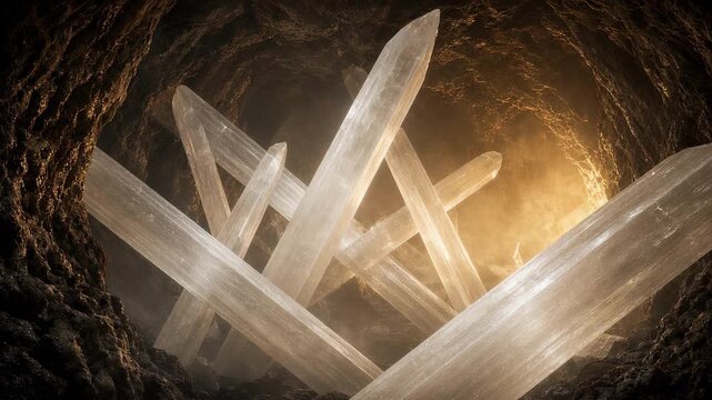 Giant pale crystals in a glowing hazy fantasy cave