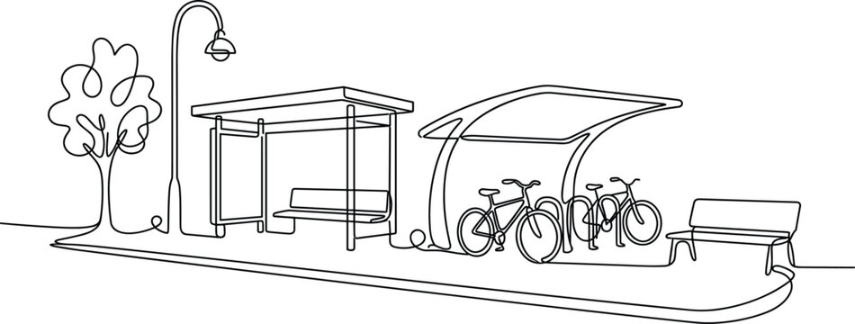 Modern Urban Bus Stop Line Art Illustration with Bicycle Parking Bench Street Lamp and Shelter