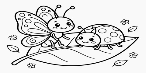 Fototapeta premium Cartoon butterfly and ladybug illustration with floral elements and green leaf