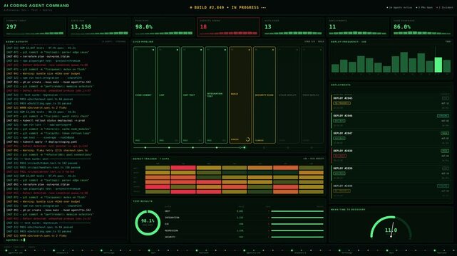 Premium 4K dark mode AI coding agent dashboard interface animation with live CI/CD pipeline, defect tracking heatmap, and deployment metrics in green terminal style.