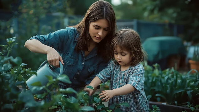 Mother spending time with her young daughter in a garden, enjoying a peaceful family moment outdoors.