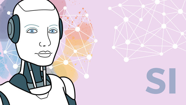 Illustration of networked robot with watercolor paint splatters in background