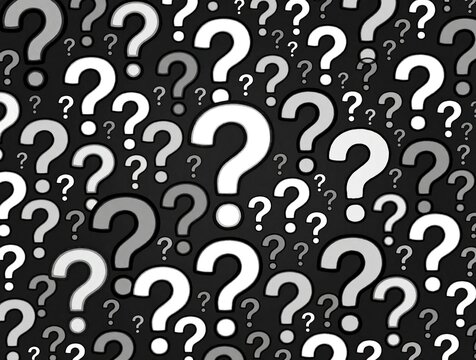 Abstract background with many white, grey question marks. Pattern of random symbols on dark surface. Concept of doubt, mystery, problem solving uncertainty. Minimalist design with floating icons for