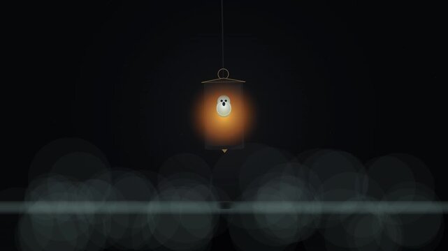 A cinematic 8-second seamless looping dark luxury Halloween animation featuring a Victorian gothic hanging lantern whose flame awakens into a supernatural soul entity trying to escape through the glas