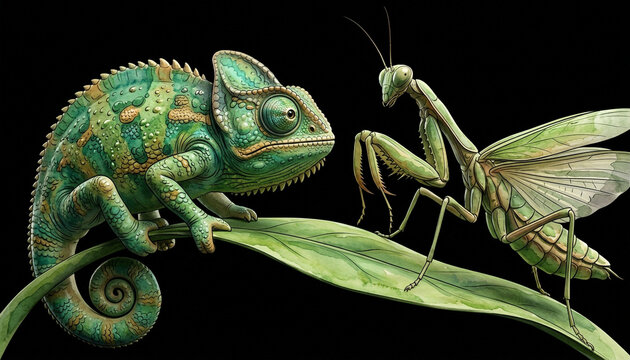 Detailed watercolor style digital illustration of a green chameleon and a praying mantis facing each other on a curved leaf, isolated on a solid black background