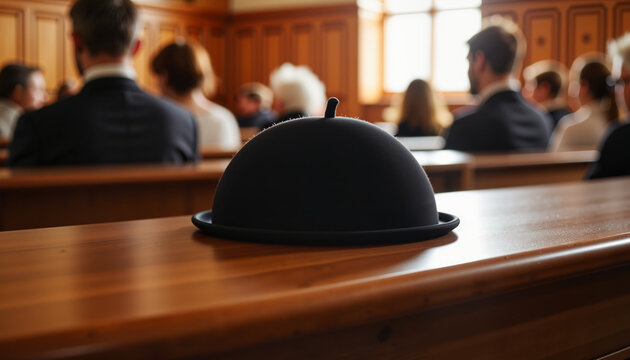 Traditional black kippah on synagogue pew, cultural significance
