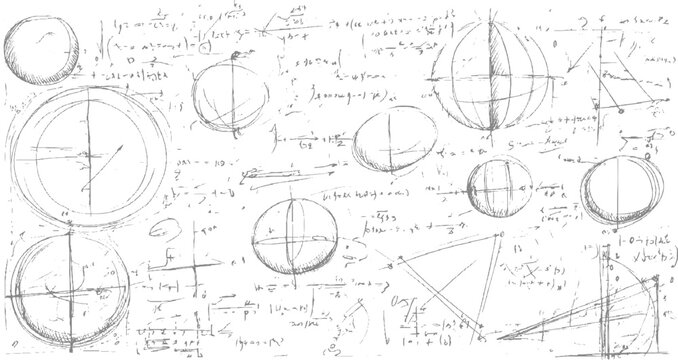 Mathematical equations, scientific formulas, graphs and hand drawn diagrams on white background for education design.
