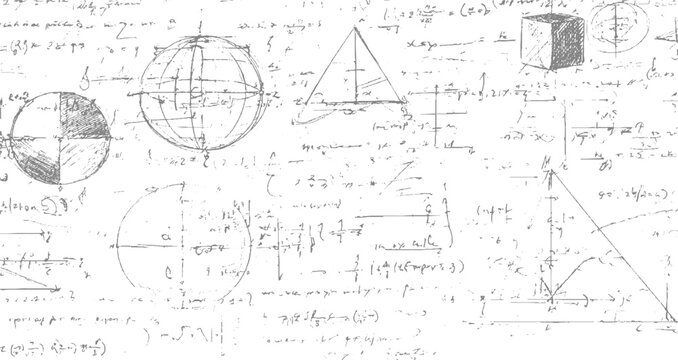 Mathematical equations, scientific formulas, graphs and hand drawn diagrams on white background for education design.