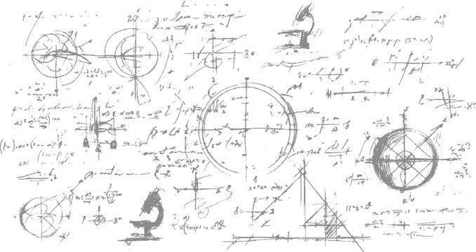 Scientific handwritten equations and mathematical formulas with graphs and diagrams on a clean white background.