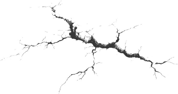 Cracked concrete wall texture in black and white with distressed grunge effect, weathered plaster and detailed rough cracks.