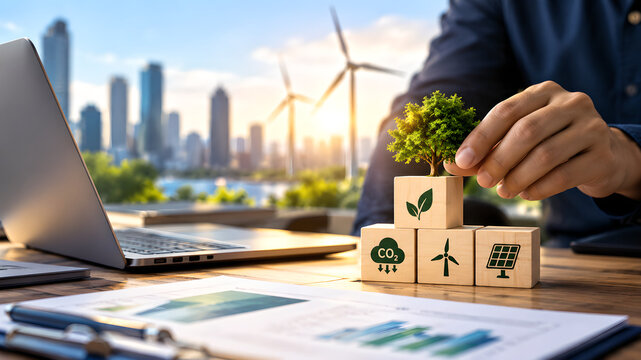 Person stacking wooden blocks with environmental icons representing sustainable energy and carbon reduction