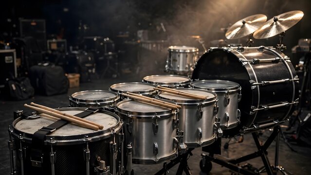 Silver tenor drums, carbon fiber snare drum with strap, large bass drum and cymbals with drumsticks on smoky dark stage