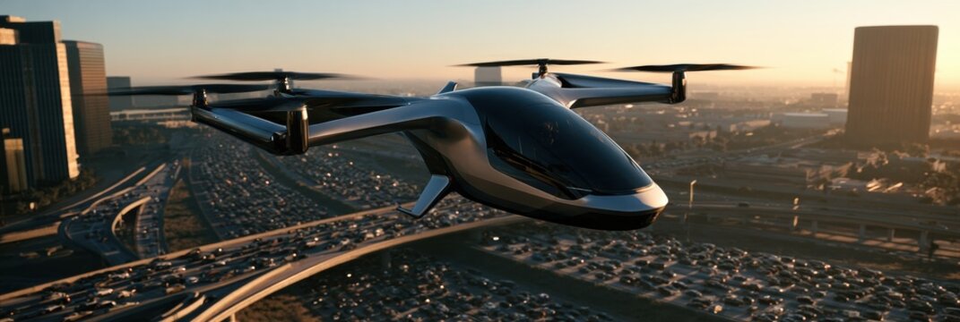 eVTOL aircraft travels above a congested highway, contrasting fast air travel with gridlocked ground traffic during afternoon.
