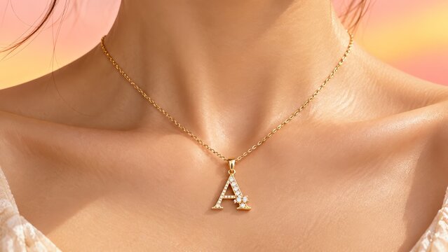 Young woman wearing a gold A initial pendant necklace with sparkling stones in warm sunset light, personalized jewelry gift concept for Christmas, birthday, wedding, anniversary or bridal celebration