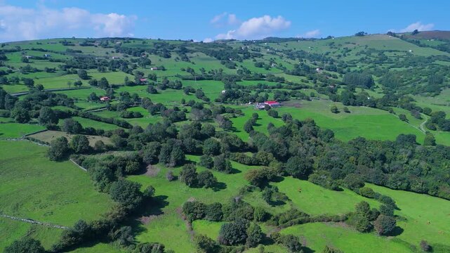 Aerial drone view of the landscape around Castillo Pedroso and the Churr&oacute;n de Borle&ntilde;a. Corvera de Toranzo. Pas Valley in the Pasiegos Valleys region. Cantabria. Spain. Europe
