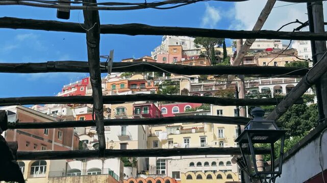 Positano Italy Coastal Town Establishing Shot With Houses and Blue Sky