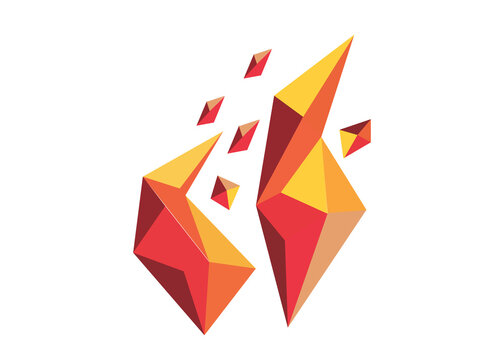 Abstract geometric fire flame isolated on transparent background, 3D low poly crystal shards composition