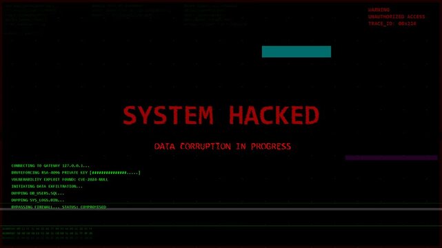 System hacked warning with red flashing text on black terminal screen, data corruption alert, cybersecurity breach, digital threat, network vulnerability