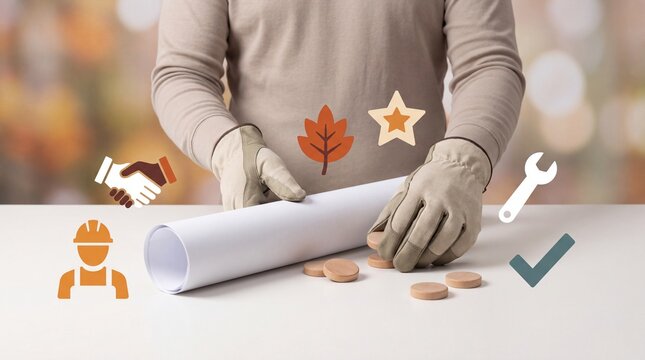 Person wearing gloves unrolling a white paper blueprint on a table with various digital icons