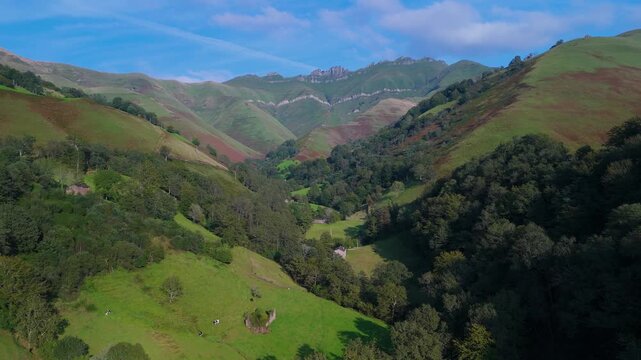 Aerial drone view of a winter landscape of hay meadows and forests in the Pisue&ntilde;a Valley. Los Valles Pasiegos region. Cantabria. Spain. Europe