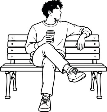 Young man sitting on a park bench holding a coffee cup line art