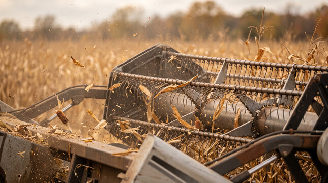 Corn field autumn harvest machinery in a rural landscape  