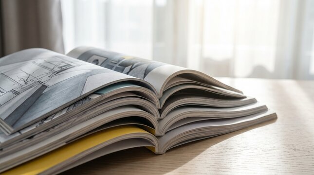 Magazines stacked open on a wooden table