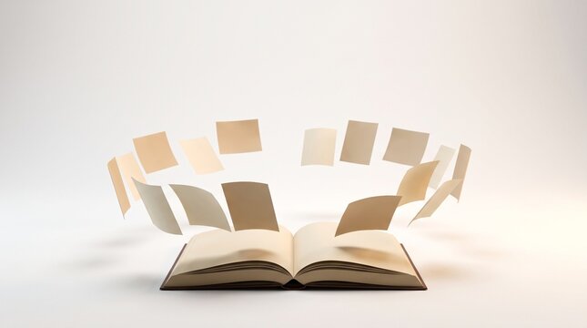 Open book with floating pages isolated on white background