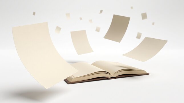 Open book with floating blank pages isolated on white background