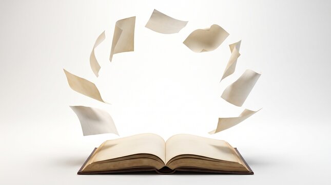 Open book with floating pages isolated on white background