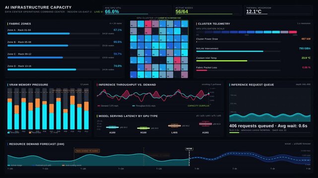 4K animated AI infrastructure dashboard showing GPU cluster utilization grid, VRAM memory pressure, inference queue, throughput chart, and 24-hour demand forecast with neon cyan and dark tech.
